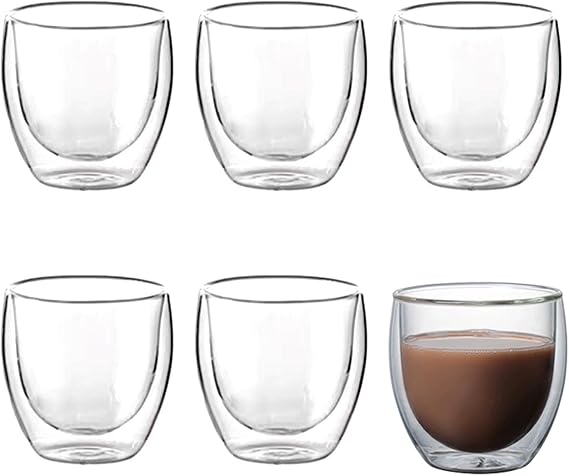 Bibabala Double Walled Espresso Cups 2.7oz,6Pcs Clear Expresso Coffee Mugs,Glass Espresso Shot Cup Set,Small Coffee Mugs,Double Wall Glasses for Ristretto,Lungo,Machiato(80ML)