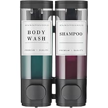 Shampoo and Conditioner Dispenser Shower Dispenser Body Wash Wall Mounted Shampoo Dispenser for Shower Wall No Drill for Bathroom Hotel 2 Chamber x 300ml Black with Waterproof Labels