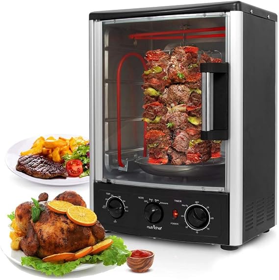 Nutrichef Vertical Countertop Oven with Rotisserie, Bake, Broil, Kebab Rack Functions - Adjustable Settings - 2 Shelves - 1500W - Thanksgiving Turkey - Includes Grill, Kebab skewer racks & bake pan