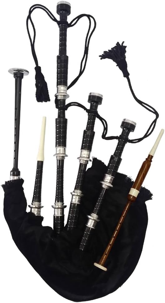 New Black Scottish Bagpipe Silver Mount Velvet Bag Cord Highland F Size with Carry Bag