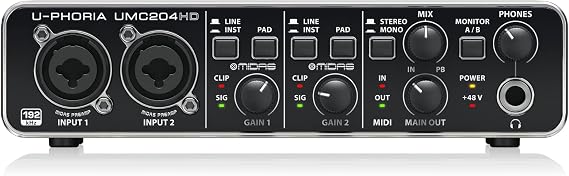 Behringer UMC204HD Audiophile 2x4, 24-Bit/192 kHz USB Audio/MIDI Interface with Midas Mic Preamplifiers | For Recording Microphones and Instruments