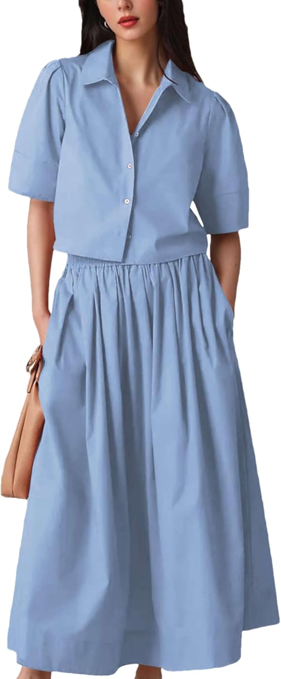 Womens Summer 2 Piece Outfits Skirt Sets Button Short Sleeve Tops Elastic Waist Maxi Dress Sets with Pockets