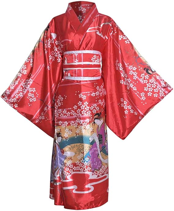 HUAHUA Kimono Costume Floral Print Geisha Long Robe Japanese Bathrobe Sleepwear Belt with Bow Outfit