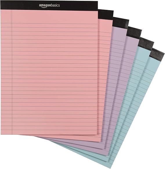 Amazon Basics Wide Ruled Lined Writing Note Pads with Sturdy Back, Multicolor, 300 Sheets, Perforated, 8.5x11.75 Wide Ruled (Pack of 72)