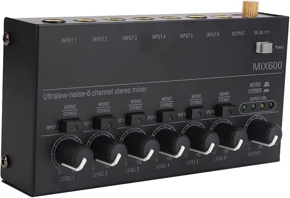 Fockety Mini Audiomixer Rauscharmer 6 Kanal Line Mixer 1/4 Zoll 1/8 Zoll TRS Ausgangs und Eingangssoundmixer Stereomixer für Gitarren Bass Keyboard Mixer Bühnen Submixer