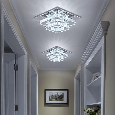 FRIXCHUR Crystal Ceiling Light Square Chandelier Modern LED Flush Mount 2 Layers Ceiling Lamp Lighting Fixture for Dining Room Living Room Bedrooms Kitchen Hallway Foyer Cool White