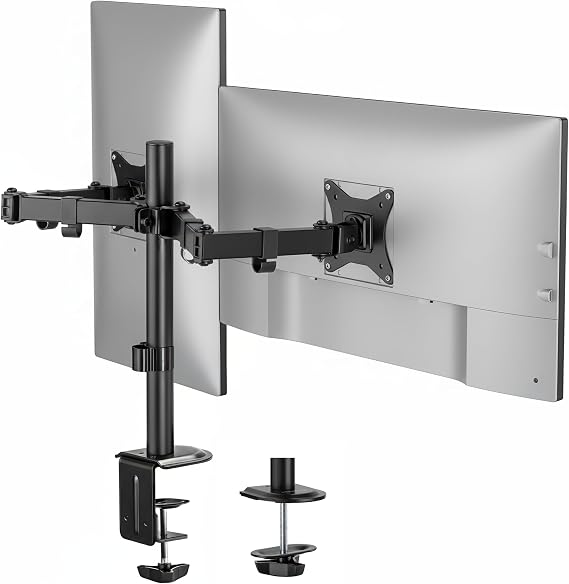 Mount-It Dual Monitor Arm, Heavy Duty Desk Mount for 2 Screens 13-32 in | Up to 19.8 lbs Each, Full Motion Tilt Swivel Rotate, VESA 75x75 100x100, Steel, Cable Management, C-Clamp or Grommet, Black