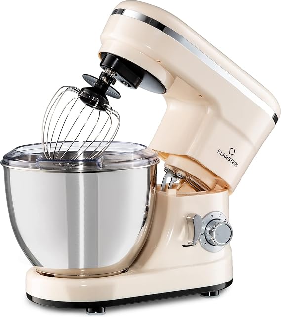 Klarstein Bella Kitchen Machine 1200 W, Stand Mixer with 4 L Stainless Steel Bowl, Planetary Mixing System, 6 Speeds, Pulse Function, 3 Attachments, Cream