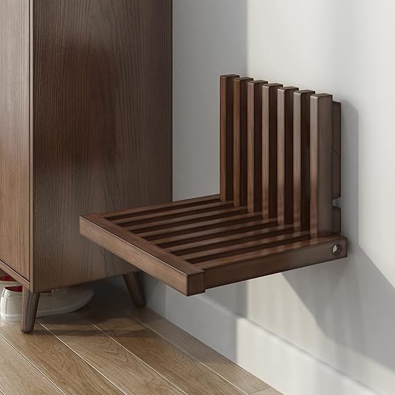 Shower Seat Bench,Wall-Mounted Folding Stool Chair,Shower Stool for Inside Shower,Entryway Solid Wood Shoe Changing Stool for Kids Adults,Plus Size 16.53x13.38x11.4 in (Walnut Upgrade