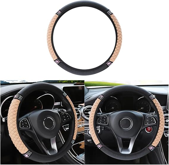 Bling Steering Wheel Cover, Universal 15 Inch Soft PU Leather with Colorful Rhinestones, Crystal Diamond Elastic Steering Wheel Protector, Sparkly Auto Accessories for Women Girl (Beige)