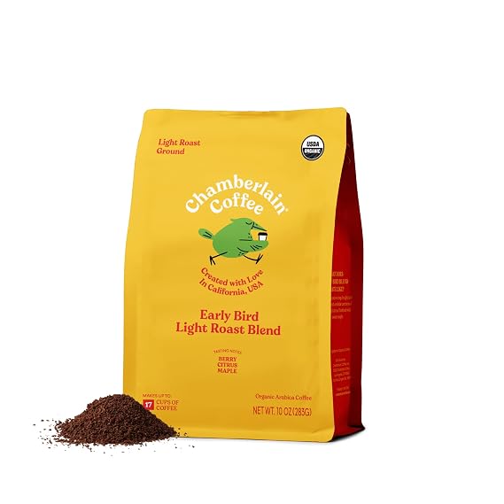 Chamberlain Coffee Light Roast Ground Coffee - USDA Organic Specialty Blend - Smooth & Balanced with Berry, Citrus and Maple Notes - Freshly Roasted - Rich Flavor & No Bitterness - 10 Oz