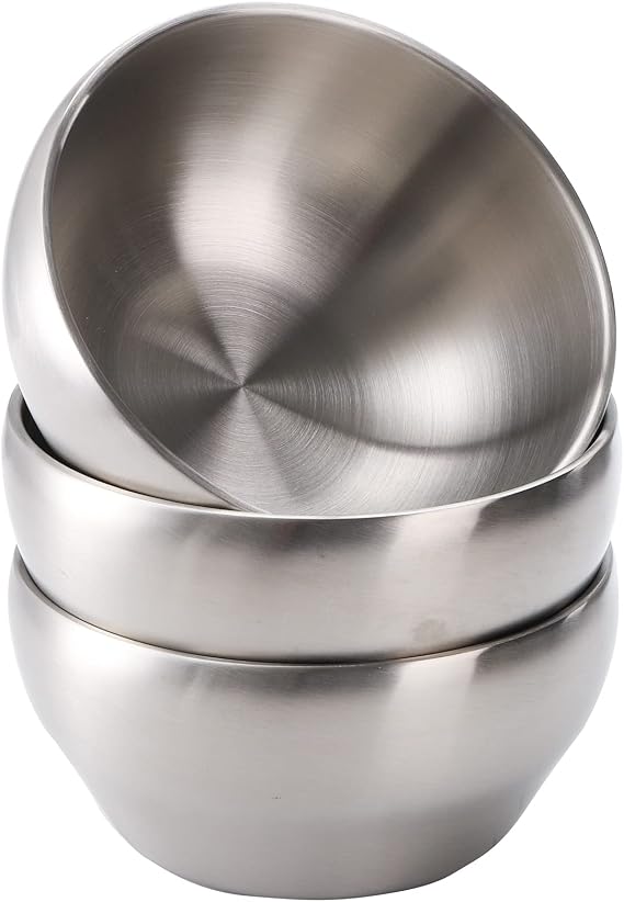 Youeon 3 Pack 28 Oz SUS304 Brushed Stainless Steel Bowls, Double Wall Insulated Bowls, Stainless Steel Soup Bowl for Cereal, Ice Cream, Noodle, 6 Inch Bowl Set for Serving, Dishwasher Safe
