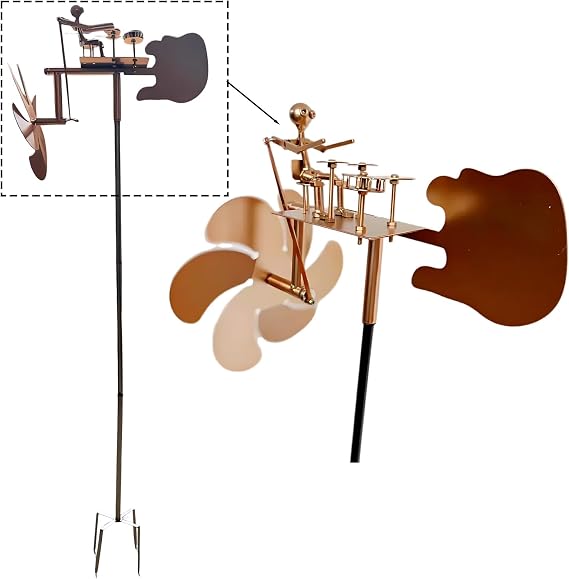 Metal Drummer Windmill, 27.6 in / 70 cm Kinetic Sculpture Wind Spinners, Steampunk Design, Wind-Powered Drummer Action, Outdoor Garden Decoration