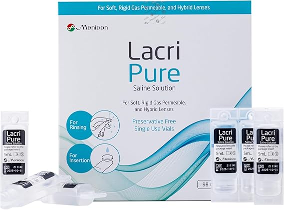 Menicon LacriPure Saline Contact Lens Solution, for Lens Rinse & Insertion, 98 Vials, 5ml (3 Month Supply)