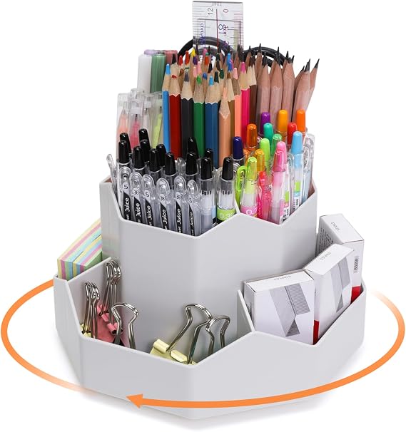 FRETONBA Rotating Pen Holder Desk Organiser with 9 Compartments Grey