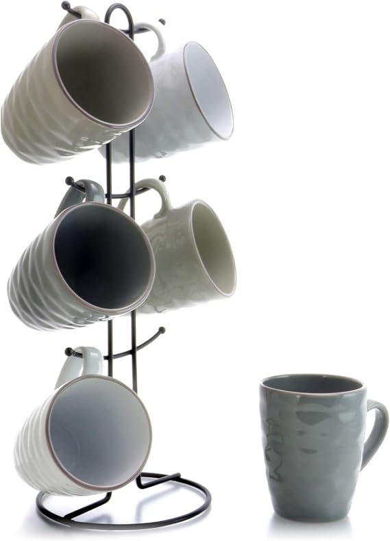 Elama Tahitian Waves 6 Piece 12 oz Mug Set in Assorted Tones with Complimentary Stand
