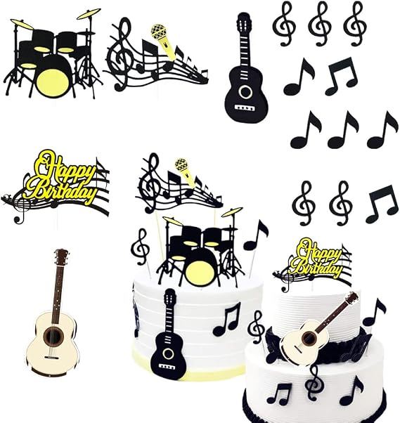 32 Pcs Rock Star Happy Birthday Cake Topper Music Notes Cupcake Decoration Electric Guitar Themed Cake Decoration for Baby Birthday Party Supplies