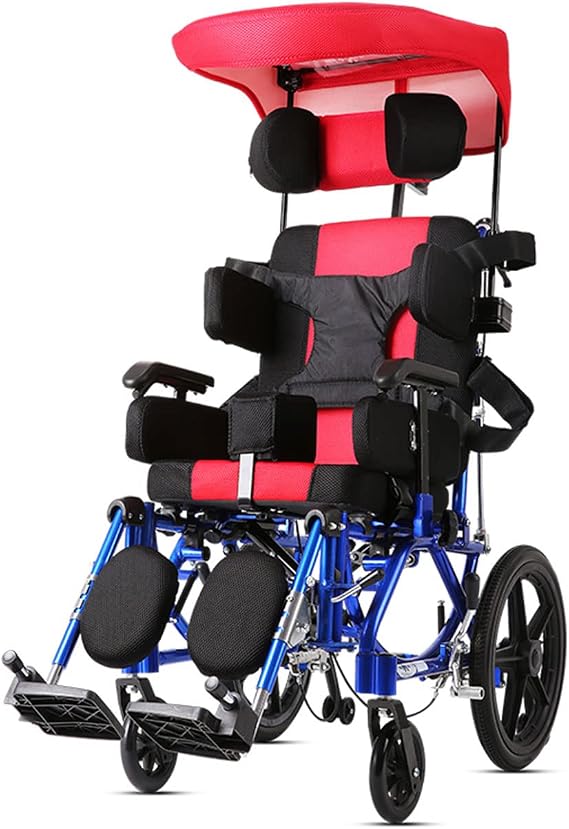 SYALEO Cerebral Palsy Wheelchair for Kids Lightweight Driving Medical Full Lying Ergonomic Child Wheelchair Folding Manual Wheelchair W/Desk Tray & Canopy Awning, 36cm