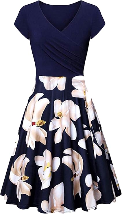 Womens Casual Swing Dress Floral Printed Dress Short Sleeve Wrap V Neck A Line Midi Dress