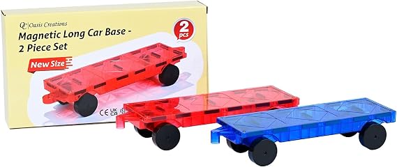 Oasis Creations Magnetic Long Car Base - 2 Piece Set - Red & Blue Magnetic Construction Set - Cars Trucks Sensory Educational Toys Girls Boys Extra Long New Size Ideal for Birthday