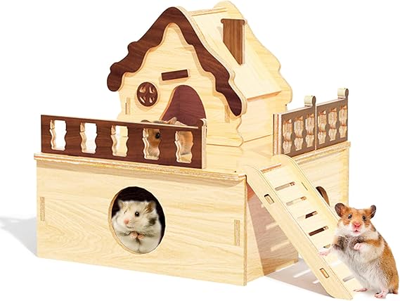 Wooden Hamster Platform and Dwarf Hamster House,Cute Syrian Hamster Tiny House Hideout,Large Balcony Lookout Holes,for Dwarf Gerbils and Mouse Mice Rat Other Small Animals(G)