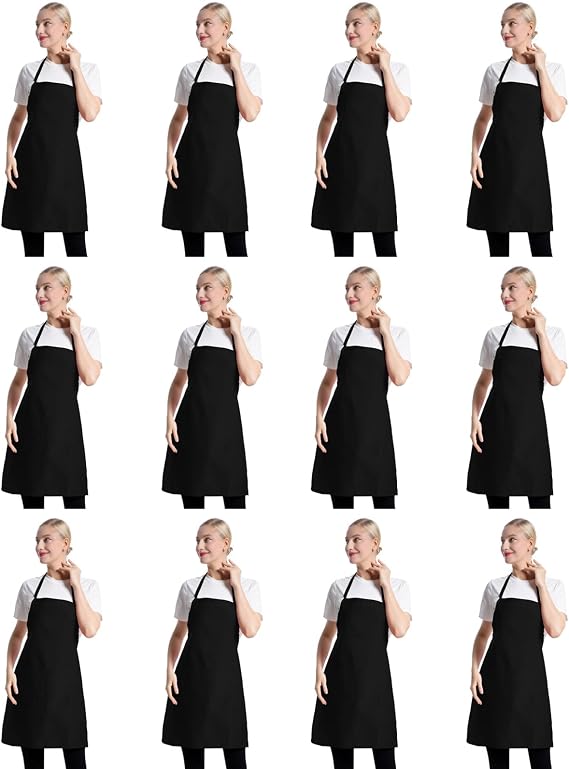12 Pcs Bib Bulk Black Aprons for Women Men Adult Girls Unisex with 2 Pockets, Baking Cooking Kitchen Painting Apron (Black,12 pcs)