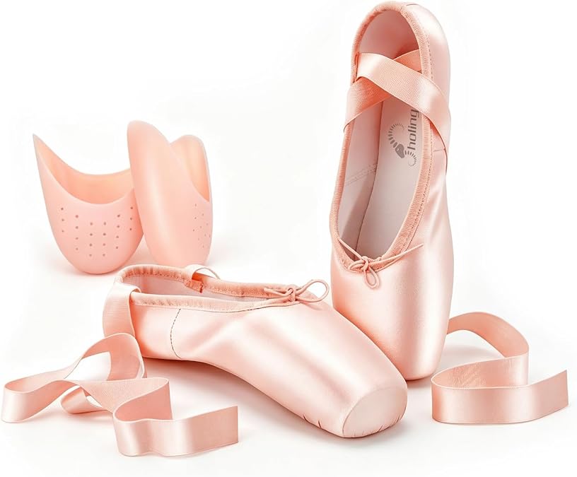 SHOLING Professional Pointe Shoes Satin Ballet Dance Slippers with Ribbons Toe Pads for Women Girls