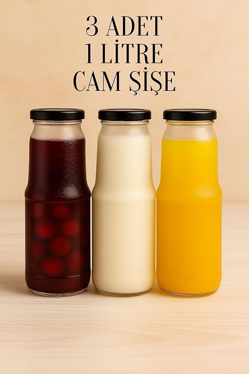 3 Adet 1 Litre Şeffaf Sürahi Süt, Ayran, Su, Limonata, Meşrubat Şişesi Metal Siyah Kapaklı Cam Şişe