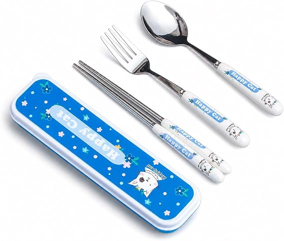 Cute Silverware Set, Cartoon Ceramic Handle Dinnerware Set Flatware Kitchen Accessories Camping Travel Sets Fork Spoon Chopstick Portable Cutlery Sets with Case, Deer Cat Rabbit Bear (Color
