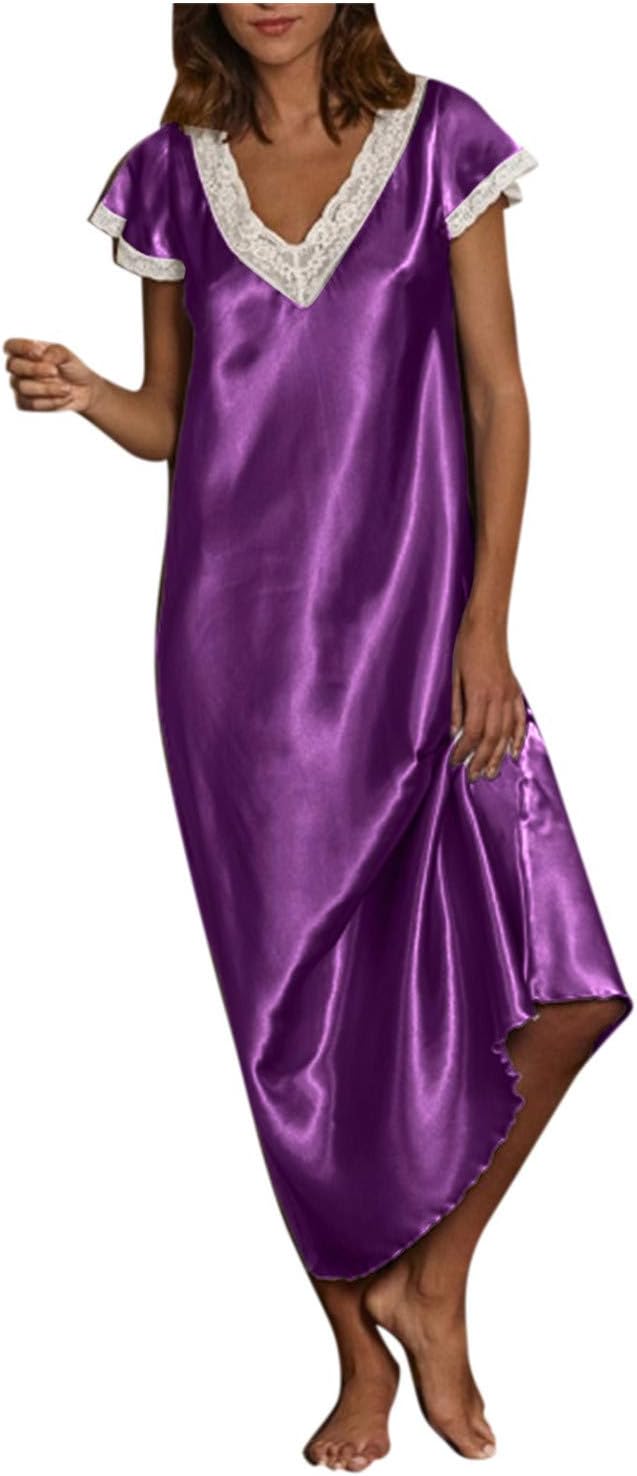 Nightgowns for Women Lace Trim Satin Dress Short Sleeve V Neck Nightgown Sexy Sleepwear Plus Size Long Sleep Gowns