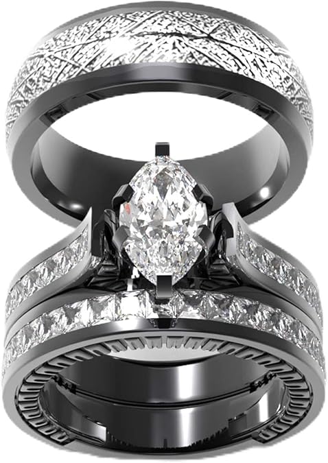 TWO RINGS His Hers Wedding Ring Sets Couples Rings Women's 10k Yellow Gold Filled White CZ Wedding Engagement Ring Bridal Sets & Men's Titanium Wedding Band