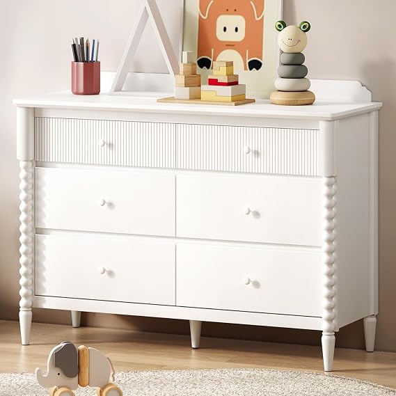 JOINICE White Nursery Dresser for Kids Bedroom, 6 Drawers for Storage | Jenny Lind Spindle Legs Dresser, Baby Clothes Organizer for Toddlers, Children's Room, Anti-tip Kit for Safety