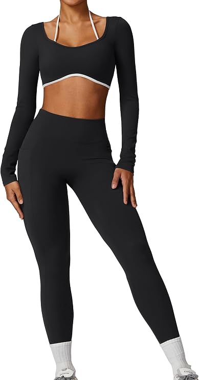 Workout Sets for Women 2 Piece Outfits Seamless High Waist Leggings Yoga Long Sleeve Crop Tops Athletic Gym Sets