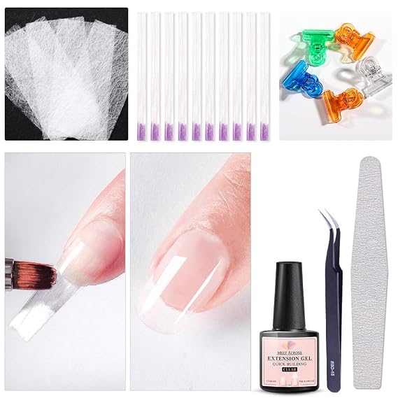 Fiberglass Nail Extension Kit with Building Gel Magical Silk Fiberglass Nail Wrap Form Quick Building Fiber Extension Gel, Nail File, Tweezers, Nail Tips Clip for Gel Extension Nail Art (Clear)