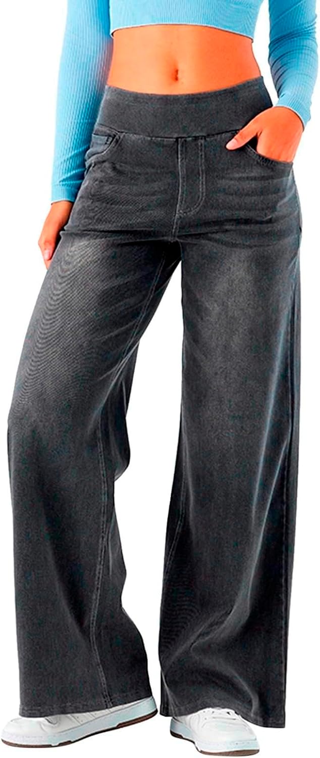 fanmpghleoo Wide Leg Jeans Woman Pull On Elastic Waist Jeans for Women Trendy Boyfriend Jeans Sweatpants That Look Like Jeans