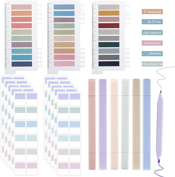 Sticky Book Tabs Book Annotation Kit 720PCS Annotation Tabs 6 Highlighters | Sticky Tabs for Bible Reading, Bible Highlighters, Morandi Page Flag Marker Sticky Note Index Tabs for File Classification