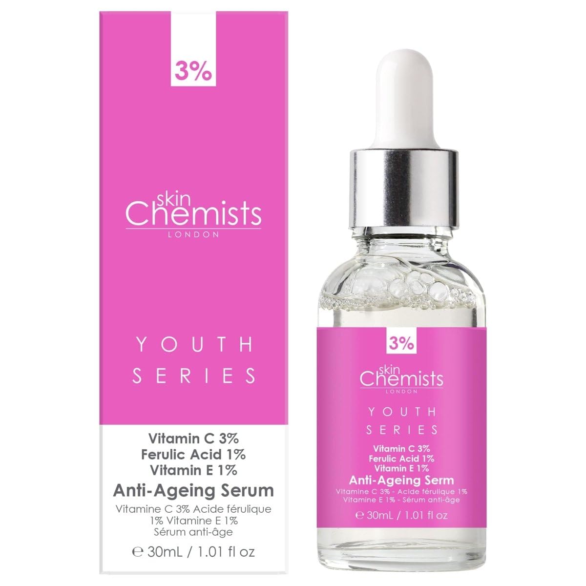 Skin Chemists Anti Aging Serum | Vitamin C Serum - Powerful Blend of 3% Vitamin C, 1% Ferulic Acid, and 1% Vitamin E | Revitalize, Brighten, and Protect Ageing Skin - Collagen Boosting