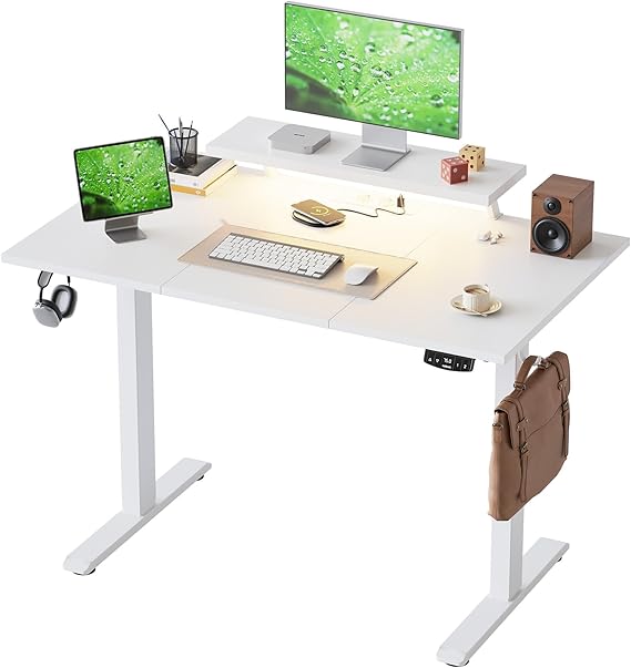 Klicelor Height Adjustable desk with LED Lights and Power Outlets, 120x60cm, movable monitor stand for Game and Home Office, Standing desk with 3-piece tabletop, white