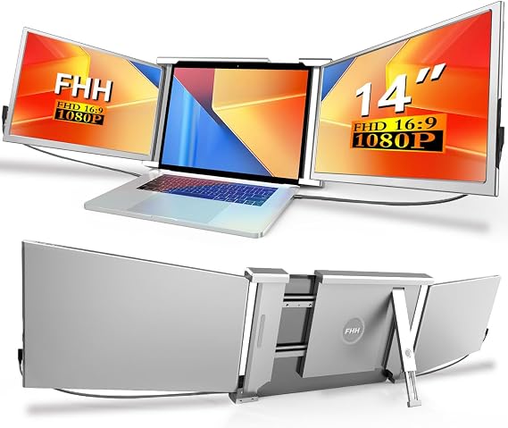 FHH Laptop Screen Extender, 14" 1080P FHD Triple Monitor for Laptop Extension- 315Rotate Portable Dual Monitor Screen for 13.3-16.5" Laptops Type-C/HDMI/USB-A Plug & Play for Wins/Mac/Chro