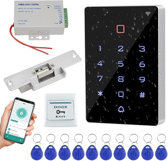 YiToo WiFi Tuya APP Access Control System Kit RFIDAccess Control Keypad, 12VDC Power Supply, Fail-Secure Electric Strike Lock, Door Switch Button,125KHz RFID Badge Key fobs