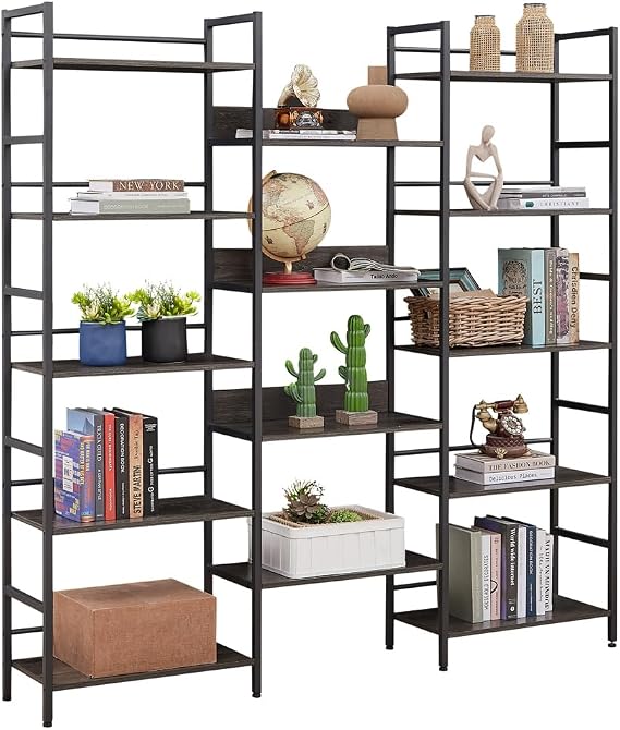 Triple 5 Tier Bookshelf,Industrial Retro Wooden Style Home and Office Large Open Bookshelves,Bookcase with 14 Open Display Shelves, Wide Book Shelf Book Case for Home & Office (Dark Grey)