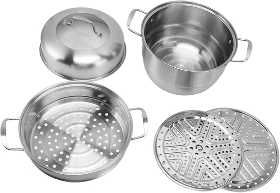 Stainless Steel Steam Pot with Handles On Both Sides Multi Layer Thick Steam Pot Cookware Pot with Tempered Glass Lid (3 Tier)