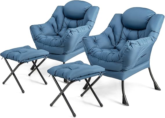 KOMFOTT Lazy Chair with Ottoman Set of 2, Leisure Upholstered Reading Sofa Chair with Armrests & Side Pocket, Modern Lounge Accent Chair with Folding Footrest for Living Room, Bedroom, Balcony, Blue