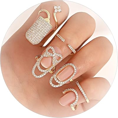 Long Tiantian 4Pcs Rhinestone Finger Tip Rings for Women - Gold Metal Nail Jewelry and Decoration - Protect Rings for Women - Christmas Gifts