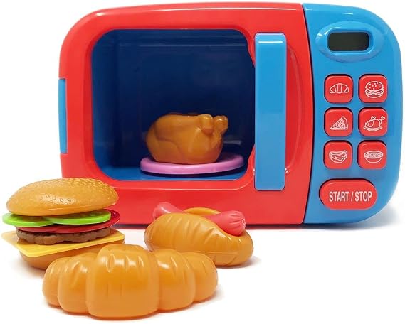 Boley Blue Microwave Playset - 11 Pc Light & Sound Pretend Play Kitchen Toys Set with Play Food for Kids Ages 3