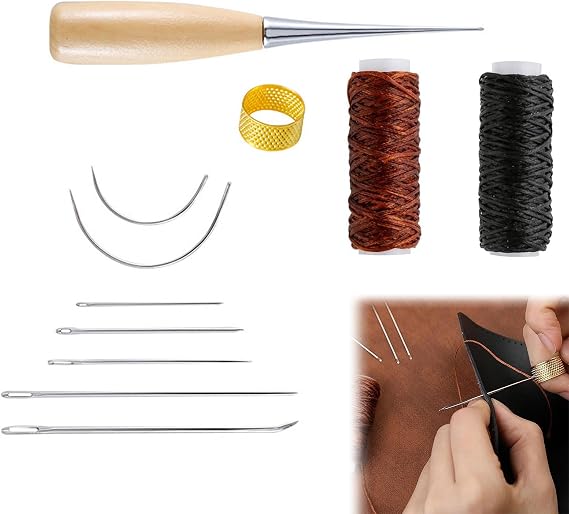 11Pcs Leather Sewing Kit, Upholstery Repair Sewing Kit, Leather Sewing Needles Kit, Leather Stitching Kit for Beginners or Leather Craft DIY, for Fabric Sewing Upholstery Tools for Sofas Carpet
