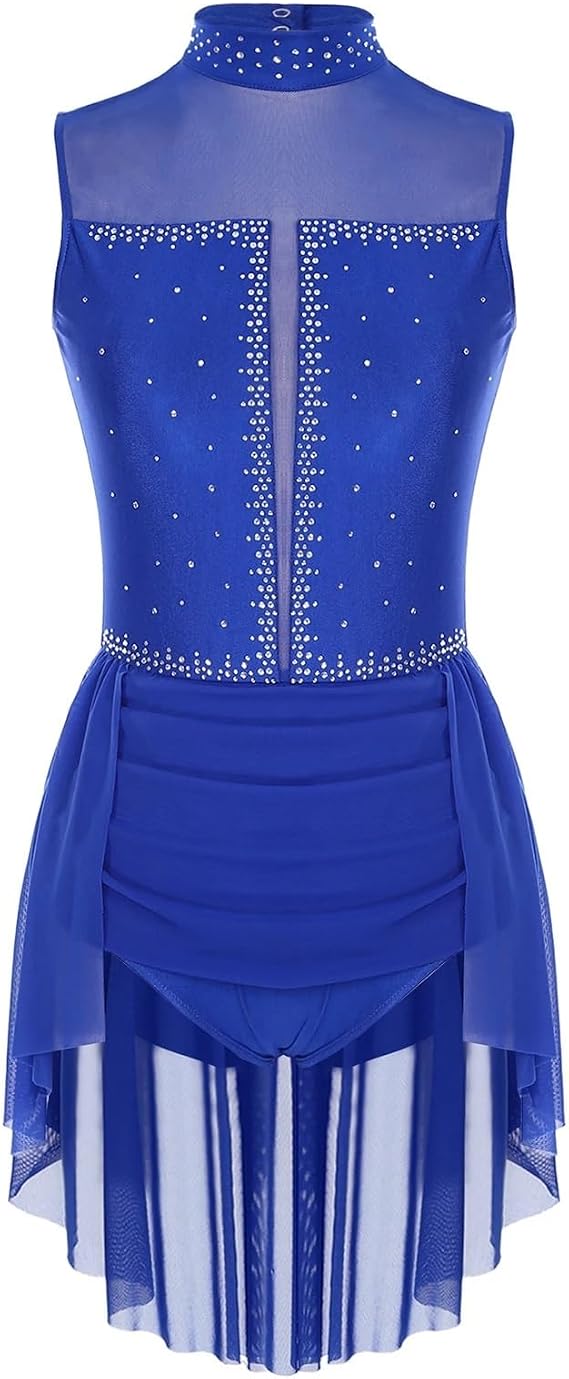 Womens Ballet Lyrical Dance Costume Backless Sheer Mesh Glittery Rhinestones Gymnastics Leotard Figure Skating Dress