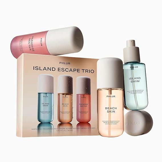 PHLUR Island Escape Body Mist Set, 3oz Each - Hair and Body Perfume Gift Set Includes Beach Skin, Island Swim and Paradise Nectar Body Spray