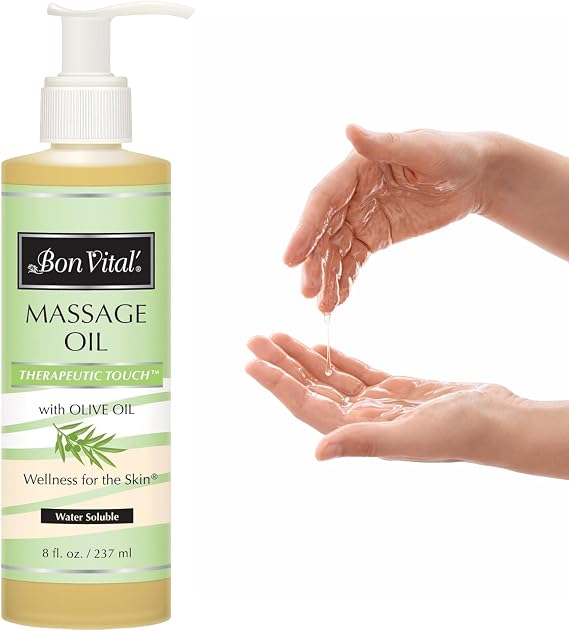 Bon Vital' Therapeutic Touch Massage Oil, Unscented, Olive Oil, 8oz Pump | Professional massage oil for massage therapy - a lightweight body oil with a long, smooth glide.