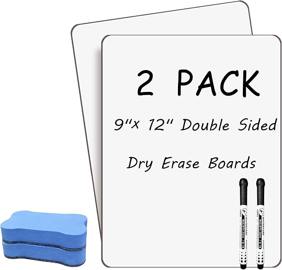 Double Sided Portable White Board 9''x12'' Small Dry Erase Board, Mini Whiteboard with 2 Markers and 2 Erasers, Dry Erase Whiteboard for Memos, Drawing, Notes, Menu, Message, Classroom and Home Use